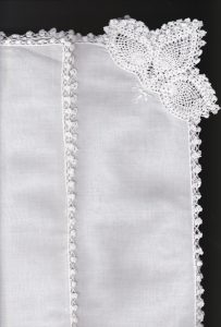 A beautiful Perfect White Swiss cotton for wedding handkerchief with Pineapple Crocheted lace corner and picoted edge.