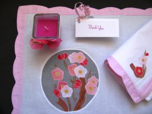 Perfect Place setting for Pink and White dishes! Fine Appliqué Pink Plum Blossoms White Cotton Mat & Napkin set 