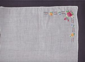 Handkerchief in fine petit-point stitches Red Yellow & Blue Roses. 