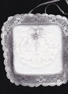 Hand Crochet Lace edged with embroidered sachet can be a ready made ring bearer pillow. After the wedding...serve as a pin cushion in the kitchen or sewing room or even the foyer.