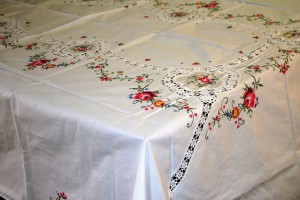 Royal Albert Moss Rose china pattern in a tablecloth format.