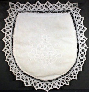 Battenburg Lace seat cover for the bathroom with lace edge and hand embroidered accent details.