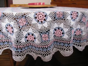 Pink Blue and White hand Crocheted Lace tablecloth Round Baby Shower