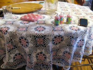 Pink Blue and White hand Crocheted Lace tablecloth Round Baby Shower