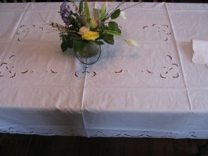 Cutwork Tulips Embroidered Cotton tablecloth in square, round or oblong shapes.