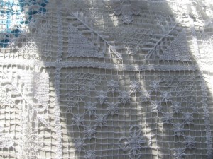 Hand knotted Tuscany Lace oblong shape tablecloth.
