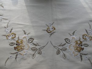 Unique Art drawing of Chrysanthemums in rare medium of fine hand embroidery round tablecloth. 