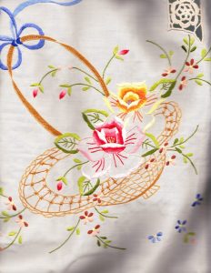 Exquisite hand embroidered colourful Basket of Roses design tablecloth.