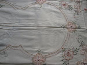 Peaches and Cream luncheon tablecloth with Punchwork and embroidery; Easy care cotton/polyester blend.