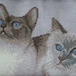 Needlepoint Siamese Cats in Petit Point & Gros Point Woolen Tapestry cushion cover closeup.