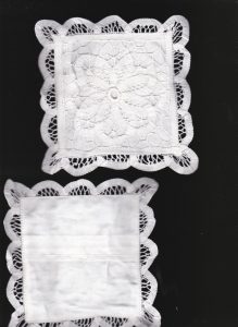Handmade Battenburg Lace square tea coasters with White 100% Cotton lining. Frontside and Backside view.
