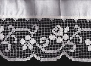 Hand knotted Tuscany Filet Lace in classic rose pattern, available in fresh white natural fibre quality cotton.