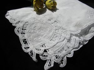 Elegant Wedding Handkerchief with Battenburg Lace Hearts for heirloom keepsake and starting your own family tradition.