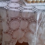 White Cotton Wedding Ring tablecloth features hand crocheted lace with White work embroidered rings.