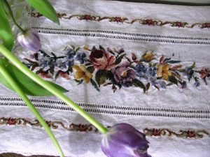 Exquisite unusual Petit Point runner using tiny tent needlepoint stitches to create greater details. Crocheted lace trim & Hardanger Embroidery.