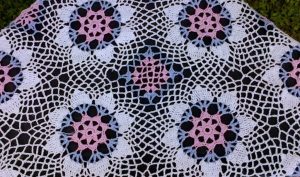 Pink Blue and White hand Crocheted Lace tablecloth.