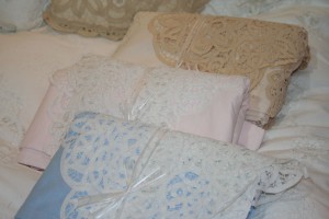 Elite Battenburg Lace sheet set in 4 colours: Crisp White, Vintage Ecru, Blush Pink & Dusky Blue.