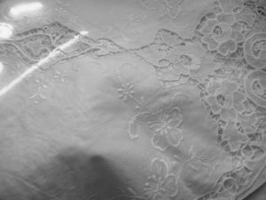 Exquisite Point de Venice Lace and Embroidery White Cotton Organdy tablecloth.