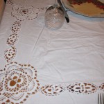Hand Crocheted Roses on all 4 corners cotton tablecloth,