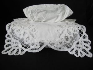 White 100% Cotton Handmade Battenburg Lace Tissue Box cover & Satin Rosettes. 