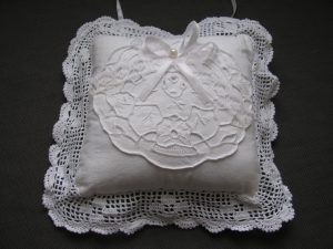 Wedding Ring Bearer Pillow Pin Cushion Crochet Lace Cotton Square