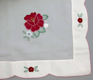 Magenta Applique Rose Organza fabric.
