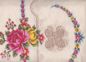 Punto in Aria -Stitches in Air- Venetian Lace & Cross stitched Roses tablecloth.